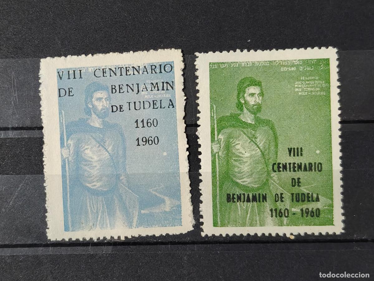 Sellos: Espa&ntilde;a 2 sellos Vi&ntilde;etas Tudela Benjamin de Tudela Centenario Sellos usados