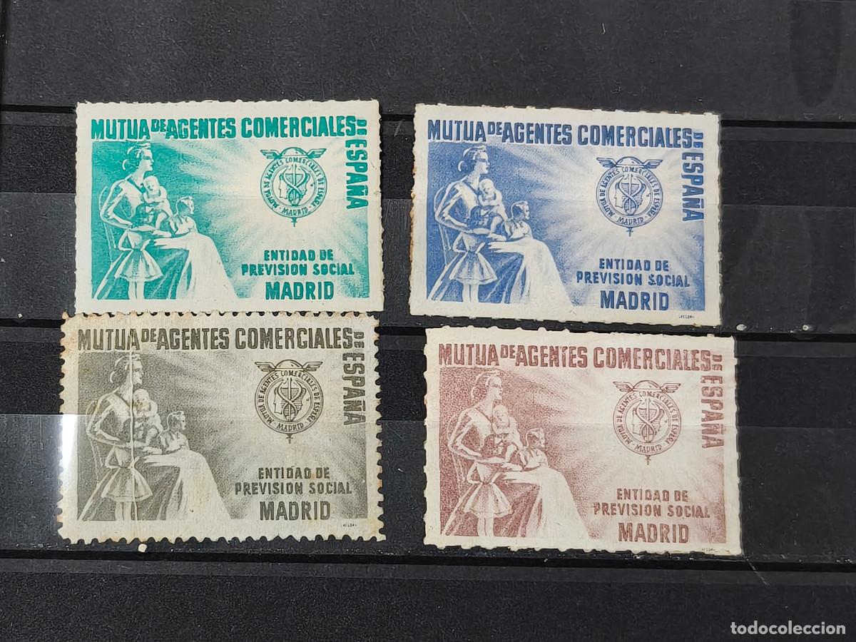 Sellos: Espa&ntilde;a 4 sellos Vi&ntilde;etas MUTUA AGENTES COMERCIALES MADRID Sellos usados