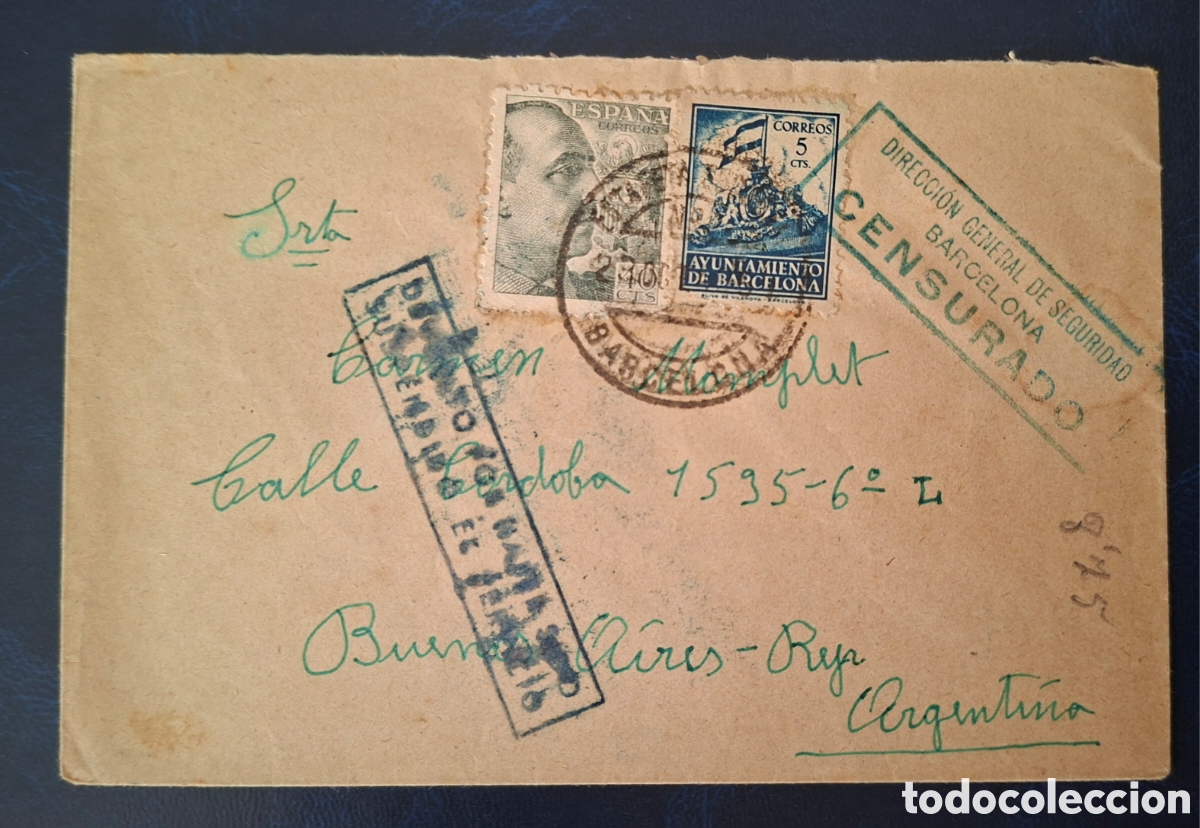 Sellos: Espa&ntilde;a carta a Argentina devuelta por haber sido suspendido el servicio censura 1940