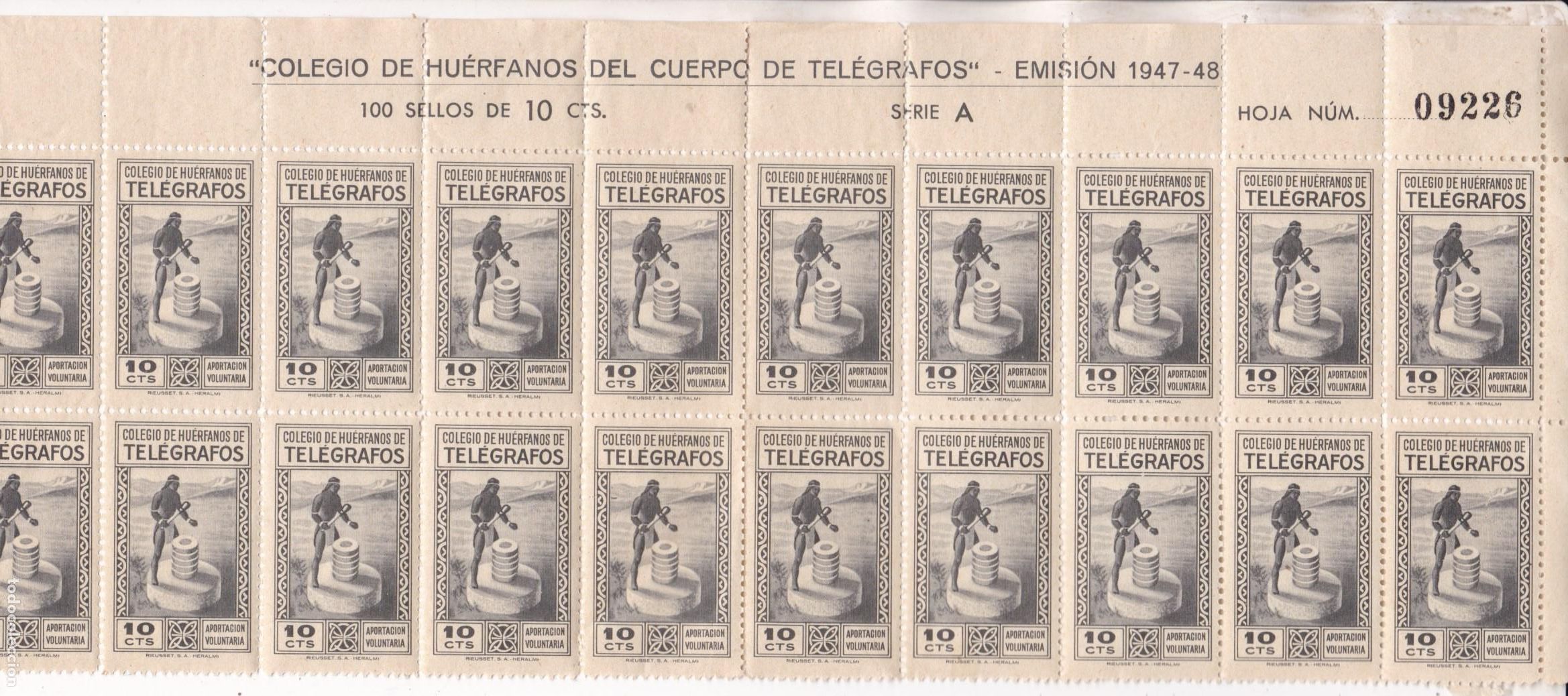 Sellos: AA24- HUERFANOS de TELEGRAFOS Emision 1947/48, Bloque 20** Cabecera de Hoja con Numeracion
