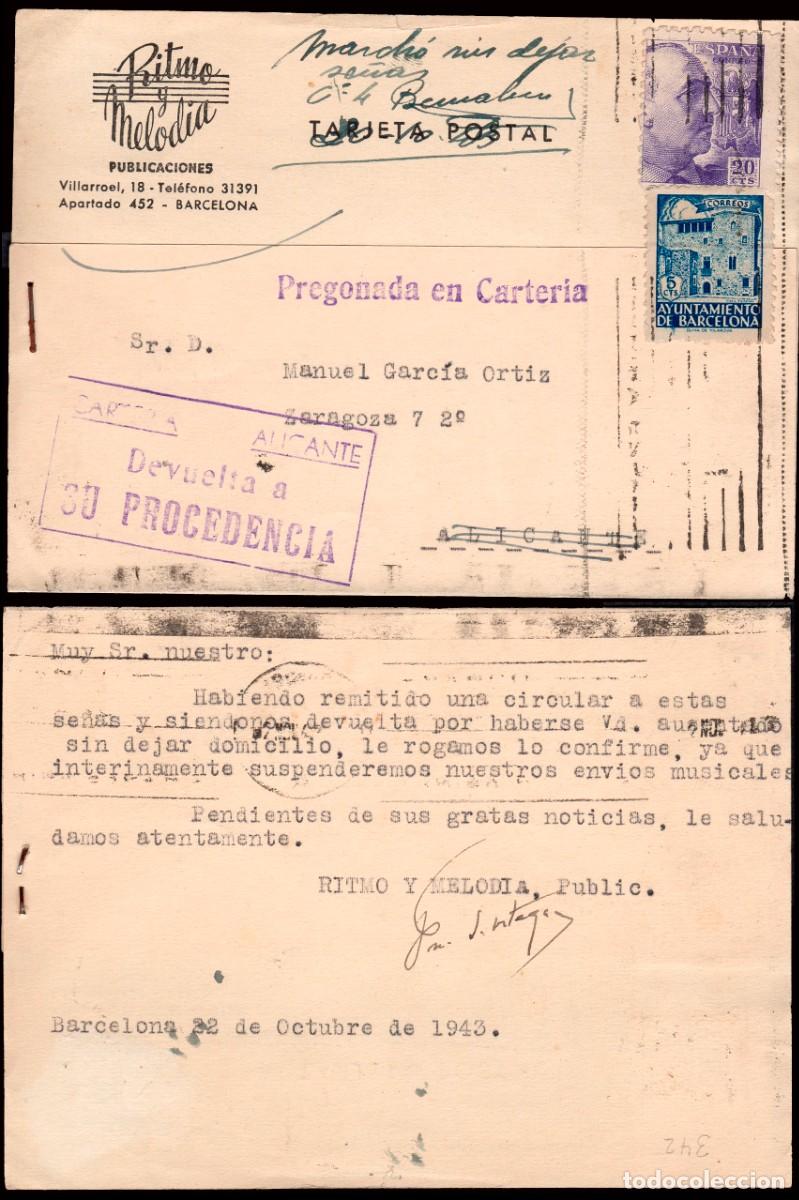 Sellos: Alicante - Edi TP o 867+Barna 43 - Postal a Alicante marca &rdquo;Pregonada en Carter&iacute;a&rdquo; + &rdquo;Carter&iacute;a...&rdquo;