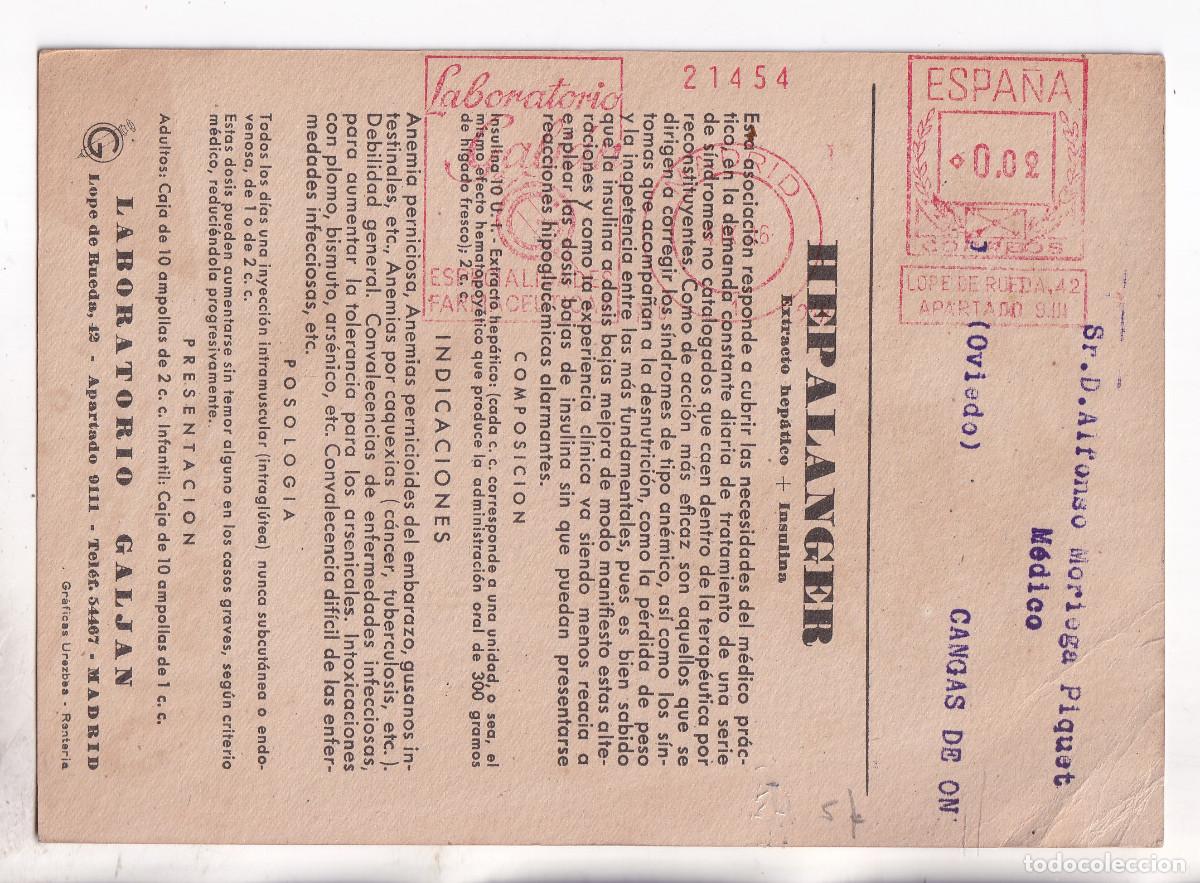 Sellos: TARJETA PUBLICIDAD MEDICAMENTO. FRANQUEO MEC&Aacute;NICO. LABORATORIO GALJAN. 1946. MADRID A CANGAS DE ON&Iacute;S