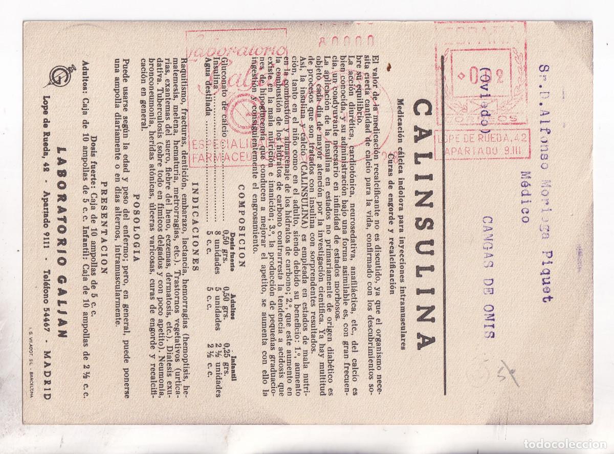 Sellos: TARJETA PUBLICIDAD MEDICAMENTO. FRANQUEO MEC&Aacute;NICO. LABORATORIO GALJAN. 1947. MADRID A CANGAS DE ON&Iacute;S