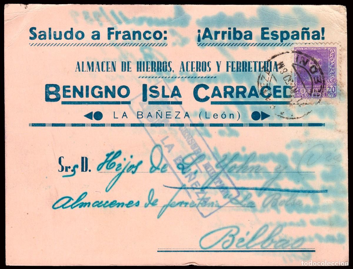 Sellos: Le&oacute;n - Edi o TP 842 - Postal patri&oacute;tica con membrete &rdquo;Benigno Isla...&rdquo; - Mat &rdquo;La Ba&ntilde;eza 11/01/39&rdquo;+