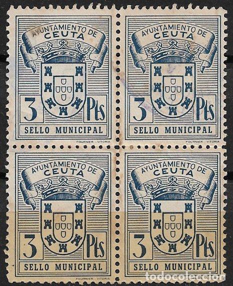 Sellos: Sello Municipal, CEUTA, 3 ptas. azul Bloque de 4 (o)
