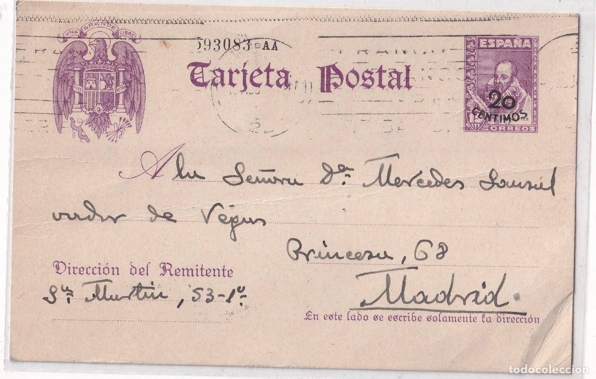 Sellos: Entero postal enviado desde San Sebastian en 1942, 20 c&eacute;ntimos extra