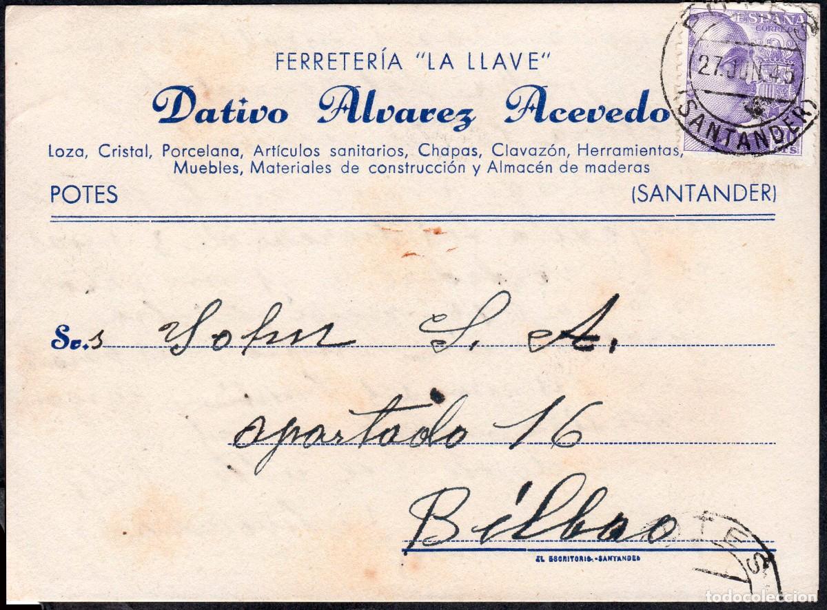 Sellos: Cantabria - Edi o TP 867 - Postal membrete &rdquo;Ferreteria La Llave - Potes&rdquo; Mat &rdquo;Potes 27/Jun./45&rdquo;