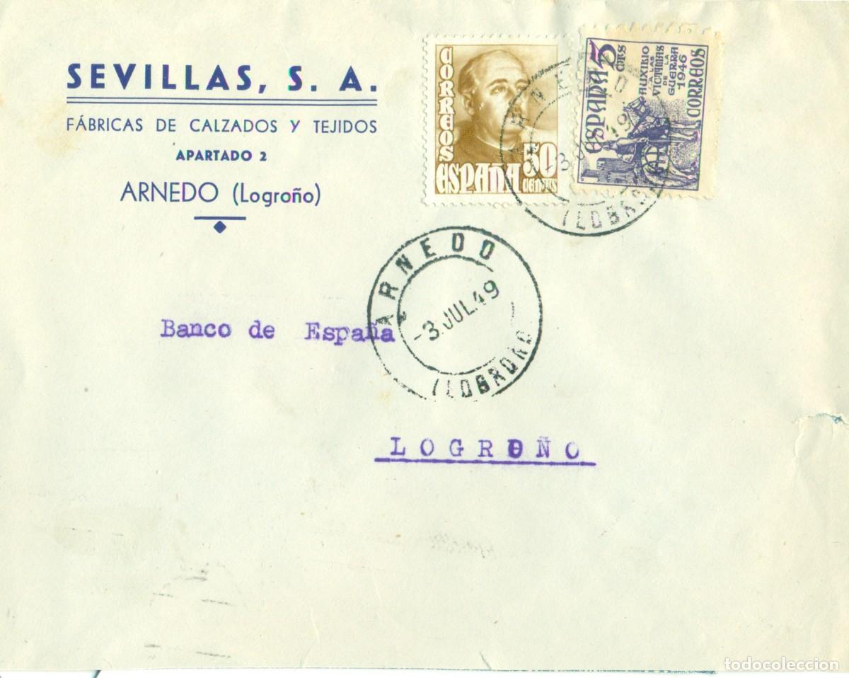 Sellos: ARNEDO LOGRO&Ntilde;O FABRICA SEVILLAS CALZADO. CIRCULADO EN 1949.
