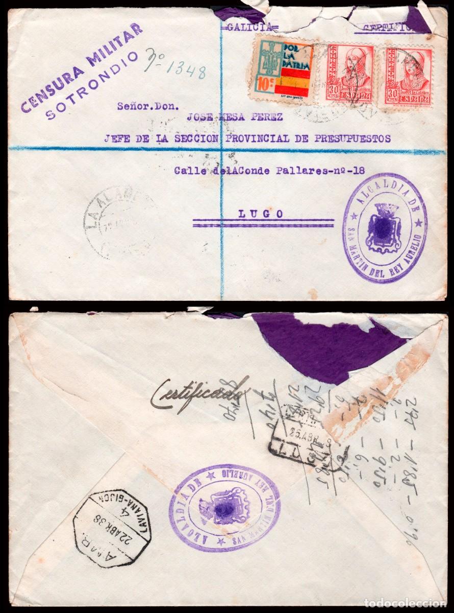 Sellos: Asturias - Edi o 823(2)+Local - Sobre &rdquo;Censura Militar - Sotrondio&rdquo; + franquicia &rdquo;Alcald&iacute;a..