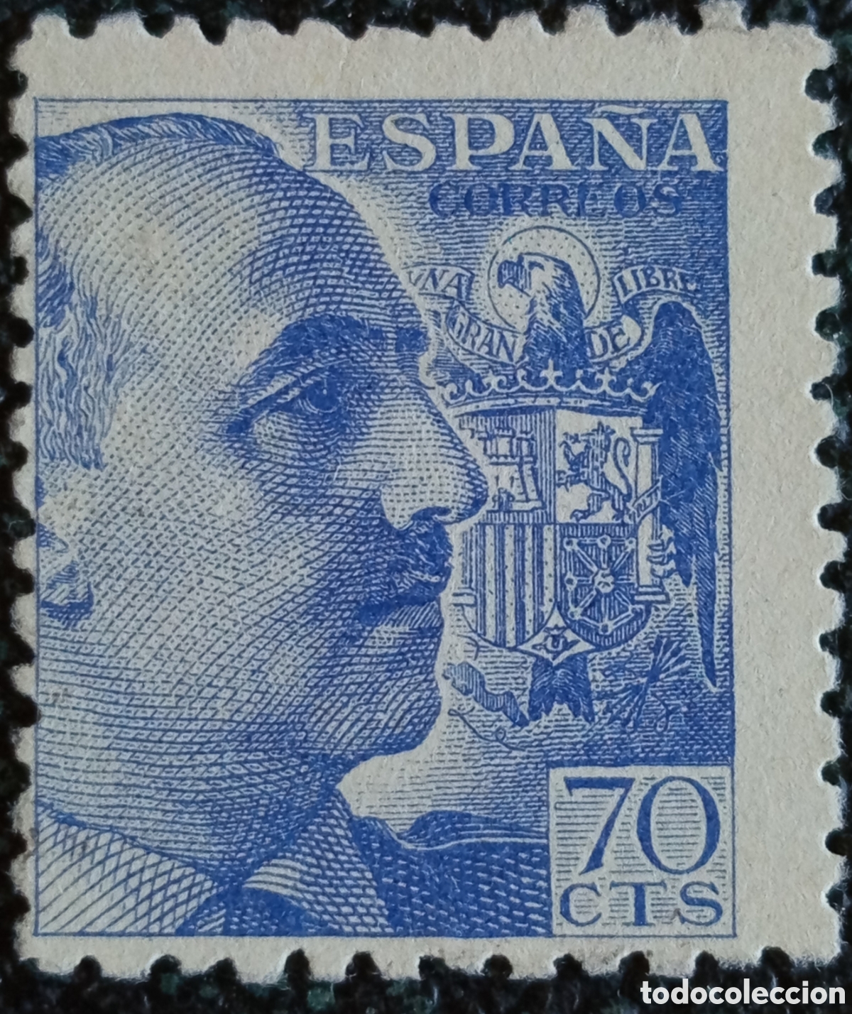 Sellos: Sello Espa&ntilde;a 1949 General Franco 70 C&eacute;ntimos Azul Edifil 1055 MH