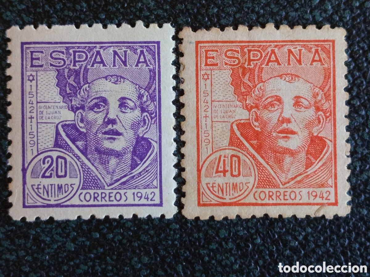 Sellos: Lote 2 Sellos Espa&ntilde;a 1942 San Juan de la Cruz 20c Violeta y 40c Rojo Edifil 954/955