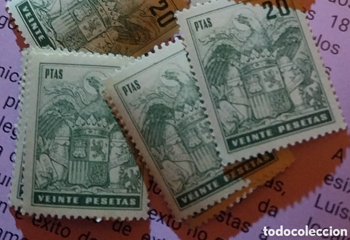 Sellos: Bloque / Lote de 4 Sellos Fiscales 20 Pesetas &ndash; Nuevo Sin Usar (MNH / SC)