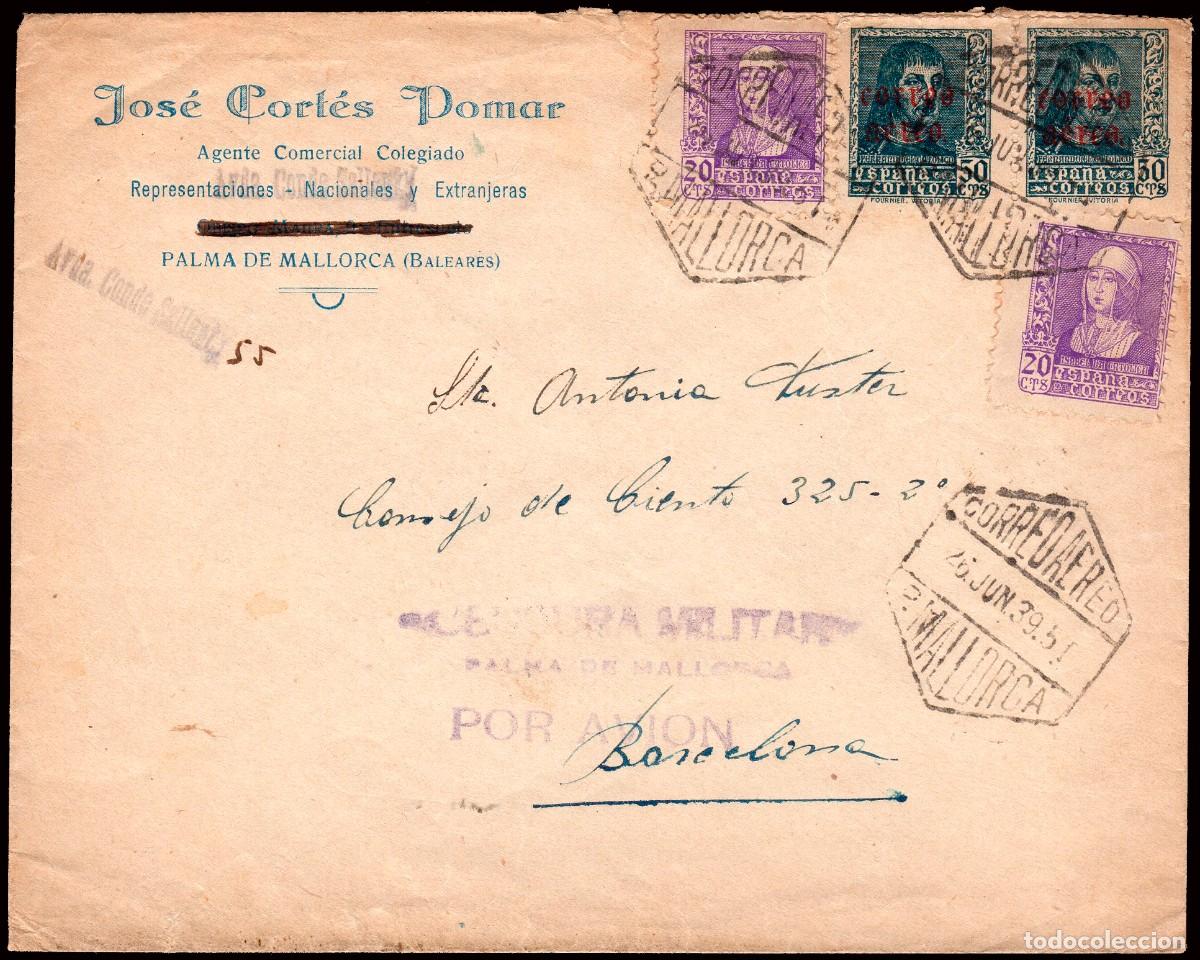 Sellos: Espa&ntilde;a - Edi o 845(2)+855(2).. - Sobre Mat &rdquo;Correo a&eacute;reo 26/Jun./39 - P. Mallorca&rdquo; +