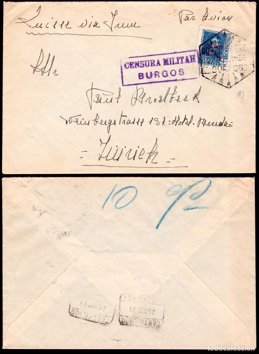 Sellos: Espa&ntilde;a - Edi o 846 - Sobre Mat Gomis &rdquo;Correo a&eacute;reo 27/Oct./38 - Burgos&rdquo; (yugo y flechas) a Suiza +