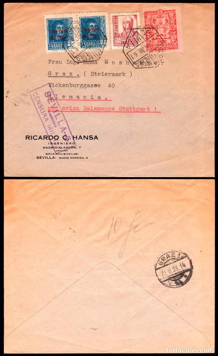 Sellos: Espa&ntilde;a - Edi o 846(2)+822+Local - Sobre Mat &rdquo;Correo a&eacute;reo 19/Jun./38 - Sevilla&rdquo; +