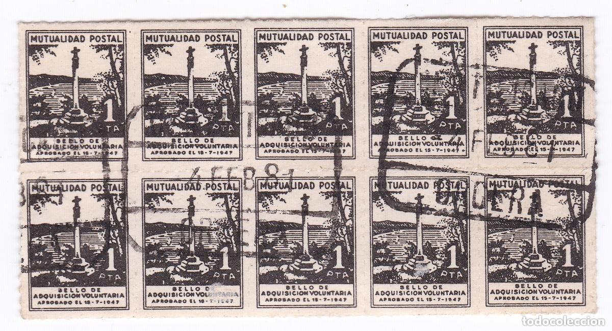 Briefmarken: Mutualidad Postal. 1 Peseta. A&ntilde;o 1947. Sello de adquisici&oacute;n voluntaria. Bloque de 10 sellos.
