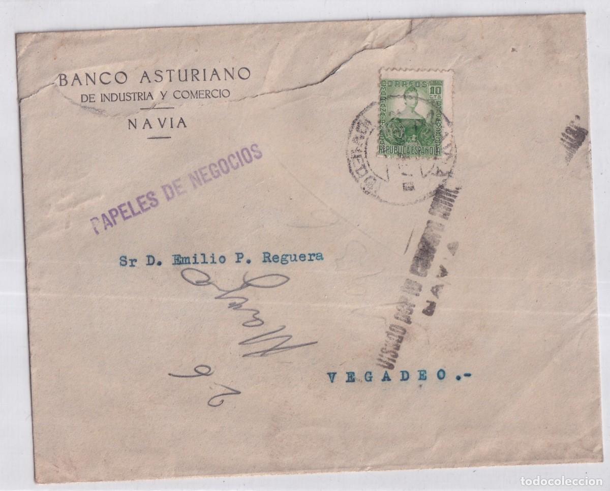 Sellos: Sobre Banco Asturiano de industria y comercio. Navia. Visado por la censura