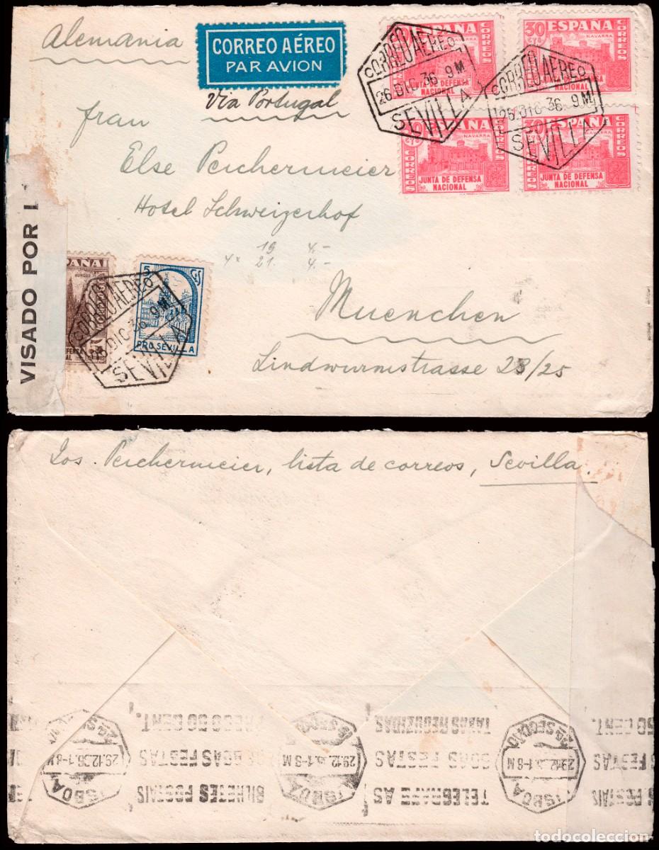 Sellos: Espa&ntilde;a - Edi o 804+808 Bl. 4 + Local - Sobre Mat &rdquo;Correo a&eacute;reo 26/Dic./36 - Sevilla&rdquo; +