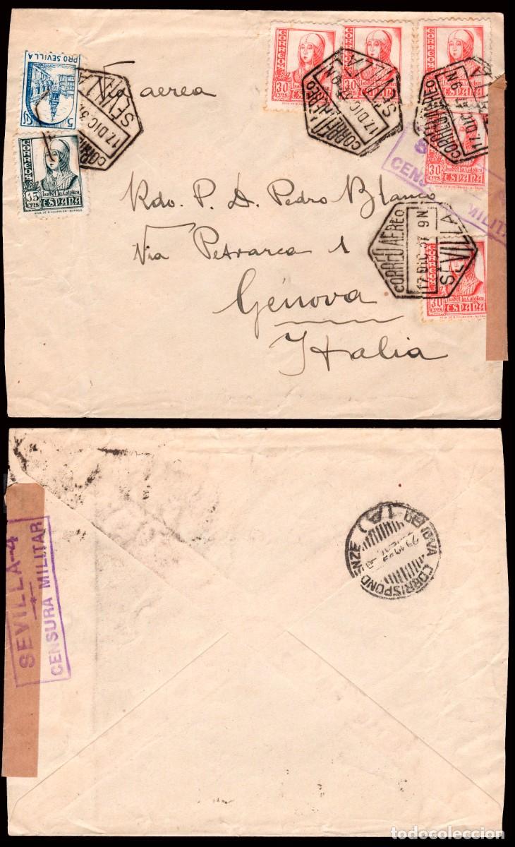 Sellos: Espa&ntilde;a - Edi o 823(5)+820+Local - Sobre Mat &rdquo;Correo a&eacute;reo 17/Dic./37 - Sevilla&rdquo; + censura