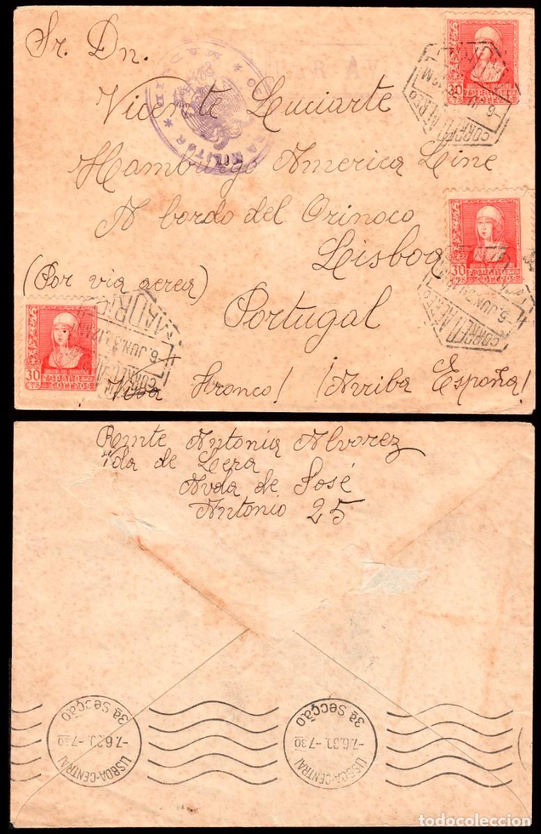 Sellos: Espa&ntilde;a - Edi o 857(3) - Sobre Mat &rdquo;Correo a&eacute;reo 6/Jun./39 - Madrid&rdquo; a Lisboa + varias marcas