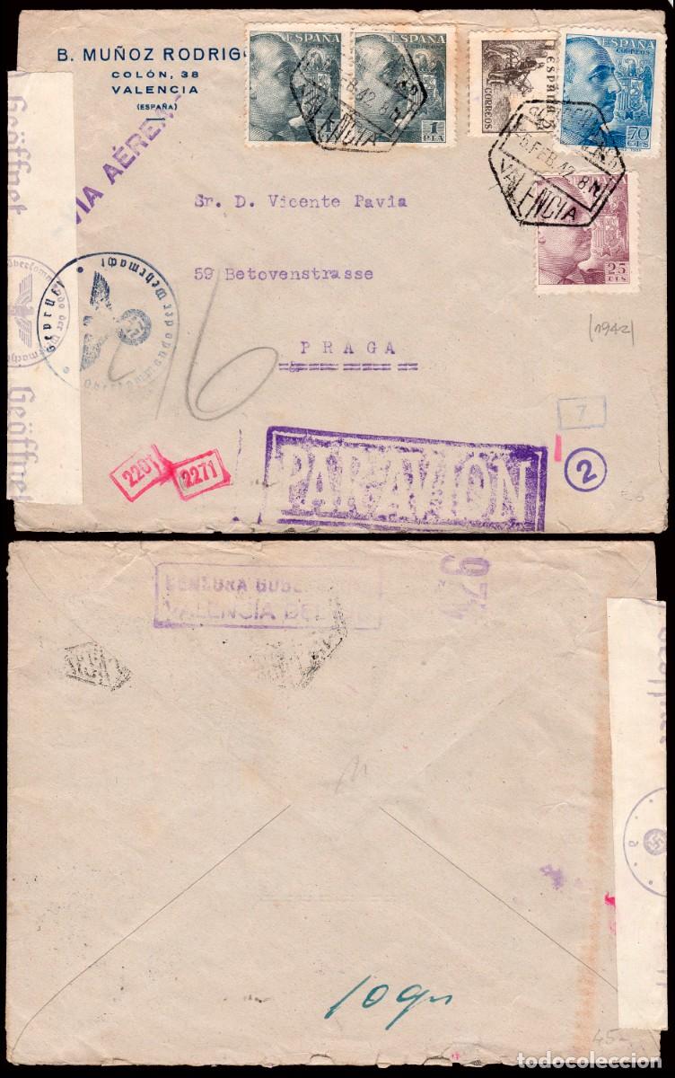 Sellos: Espa&ntilde;a - Edi o 874+923+930(2) - Sobre Mat &rdquo;Correo a&eacute;reo 5/Feb./42 - Valencia&rdquo; a Praga +