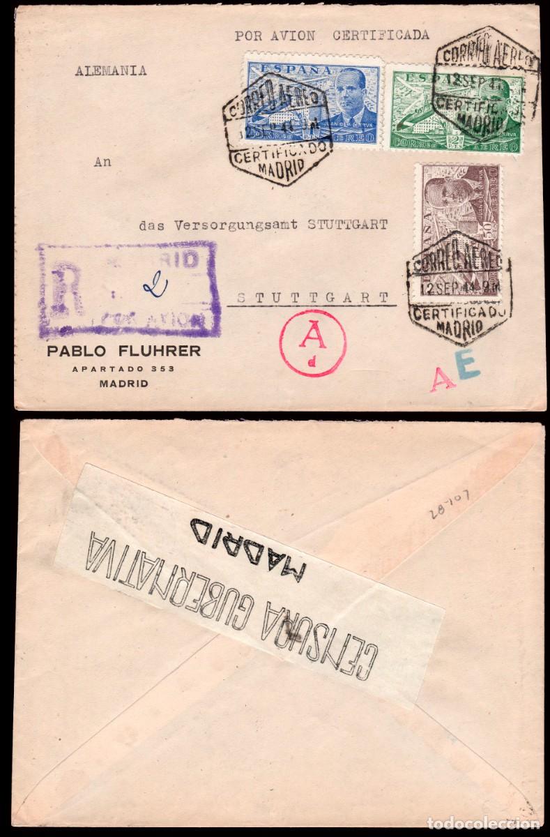 Sellos: Espa&ntilde;a - Edi o 883+884+885 - Sobre Mat &rdquo;Correo a&eacute;reo 12/9/44 - Certificado Madrid&rdquo; a Alemania