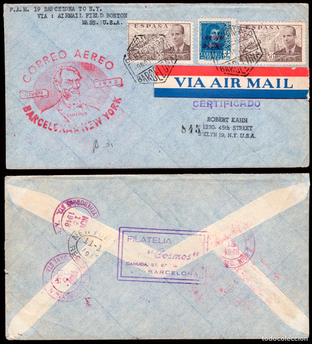 Sellos: Espa&ntilde;a - Edi o 883(2)+843 - Sobre Mat &rdquo;Correo a&eacute;reo 9/Nov/48 - Certificado Barcelona&rdquo; + marca