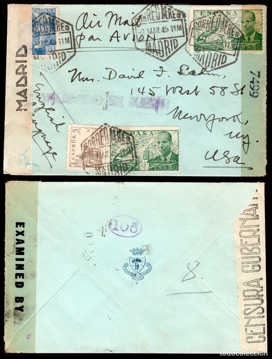 Sellos: Espa&ntilde;a - Edi o 885(2)+929- Sobre Mat &rdquo;Servicio a&eacute;reo 9/03/45 Madrid&rdquo; a USA + marca &rdquo;Aparecido..