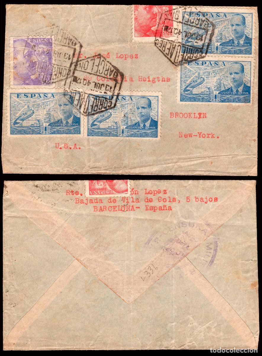 Sellos: Espa&ntilde;a - Edi o 922+871+884(4) - Sobre Mat &rdquo;Correo a&eacute;reo 13/Jul./40 - Barcelona&rdquo; + censura a USA