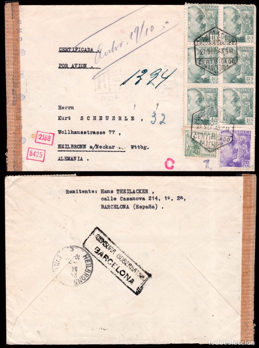 Sellos: Espa&ntilde;a - Edi o 922+925(6)+.. - Sobre Mat &rdquo;Correo a&eacute;reo 21/Sep./43 - Certificado Barcelona&rdquo; +