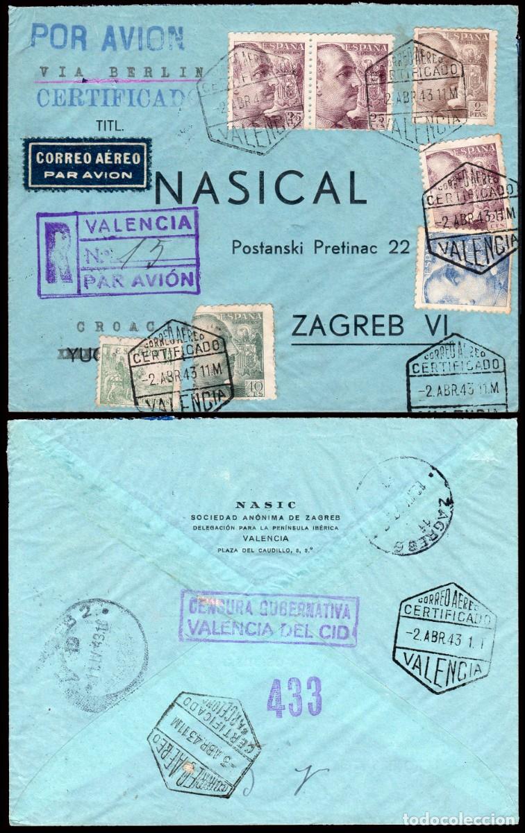 Sellos: Espa&ntilde;a - Edi o 923(3)+925+932+.. - Sobre Mat &rdquo;Correo a&eacute;reo - Certificado 2/IV/43 - Valencia&rdquo;