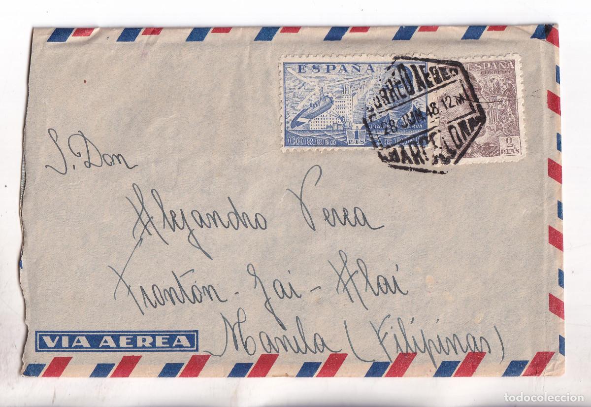 Sellos: SOBRE CONSERVANDO LA CARTA. CORREO A&Eacute;REO. BARCELONA A MANILA, FILIPINAS. 1948