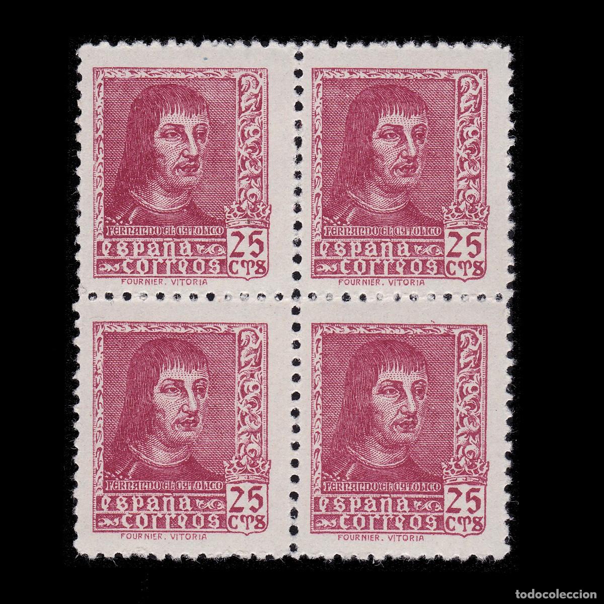 Francobolli: FERNANDO CAT&Oacute;LICO. 1938 25c. Blq4 Nuevo**. Edifil 843 + OBSEQUIO
