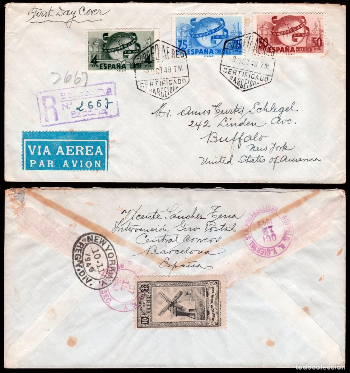 Selos: Espa&ntilde;a - Edi o 1063/65 - Sobre Mat &rdquo;Correo a&eacute;reo - Certificado 9/Oct./49 - Barcelona&rdquo; a USA