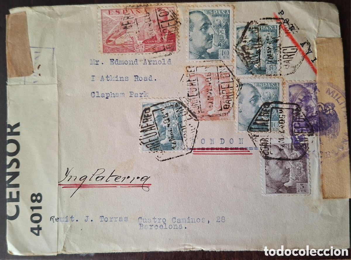Briefmarken: Carta Enviada desde Barcelona a Inglaterra por Avion 1940 censuras