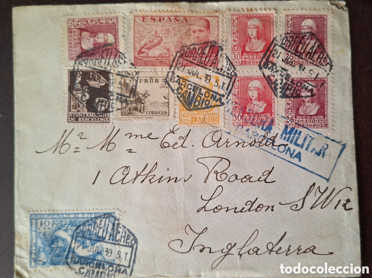 Briefmarken: Carta Enviada a londres desde Barcelona bonito franqueo correo aereo 1939 sello homenaje ejercito