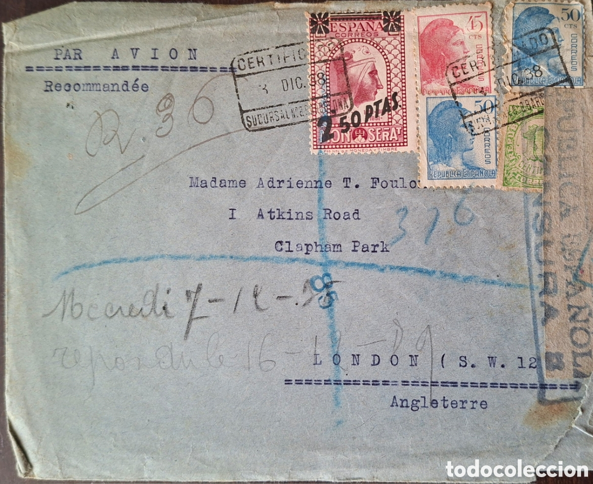 Briefmarken: Carta certificada enviada de Barcelona a londres Inglaterra 1938 censura