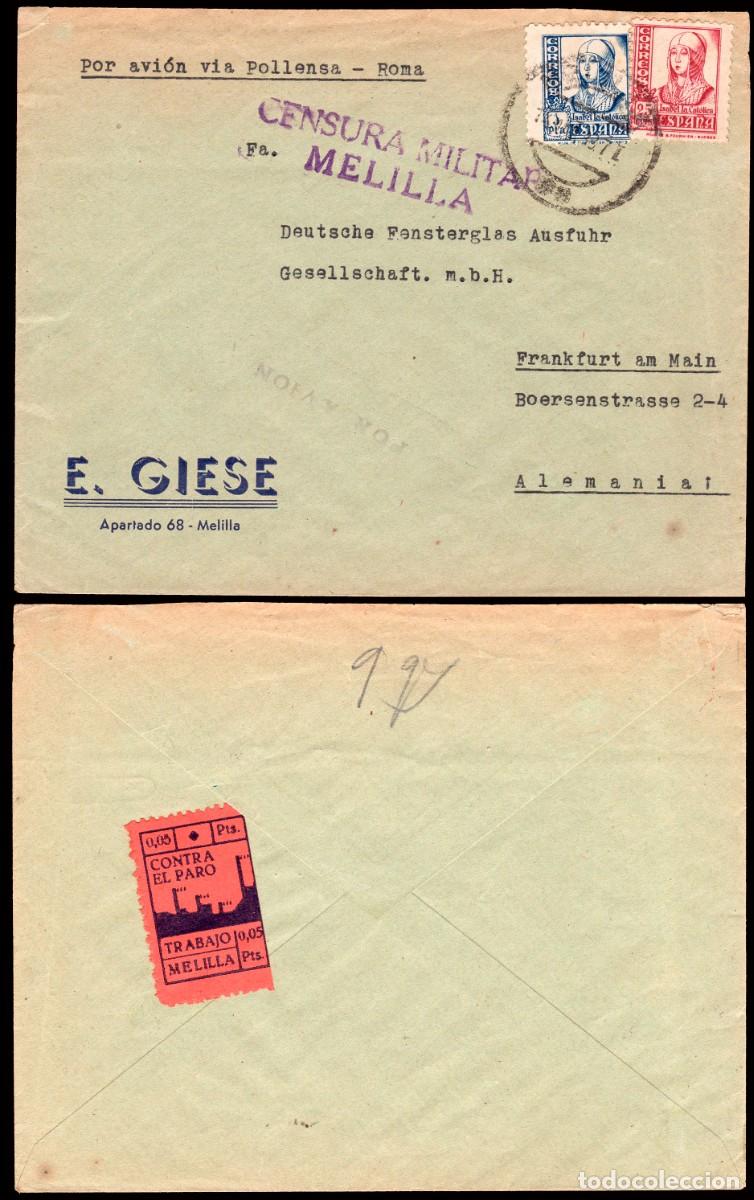 Sellos: Melilla - Edi o 822+828 - Sobre Mat &rdquo;Melilla 01/Oct./37&rdquo; + censura + indicaci&oacute;n manuscrita