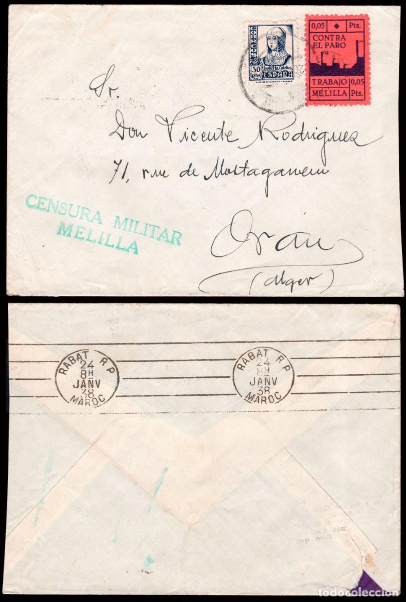 Sellos: Melilla - Edi o 825+Local - Sobre Mat &rdquo;Melilla 20/En./38&rdquo; + tr&aacute;nsito Rabat a Or&aacute;n