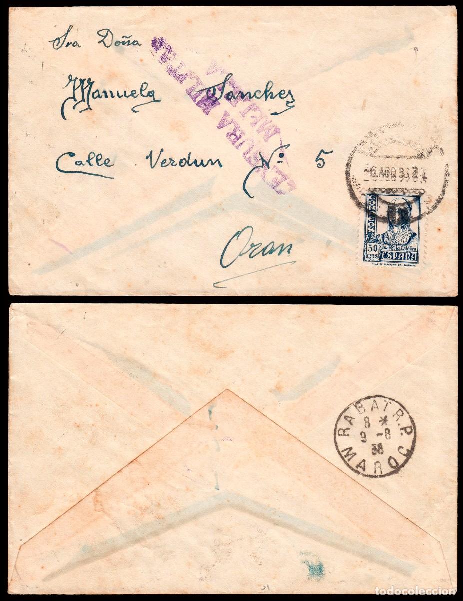 Sellos: Melilla - Edi o 825 - Sobre Mat &rdquo;Melilla 06/08/38&rdquo; + tr&aacute;nsito Rabat a Or&aacute;n