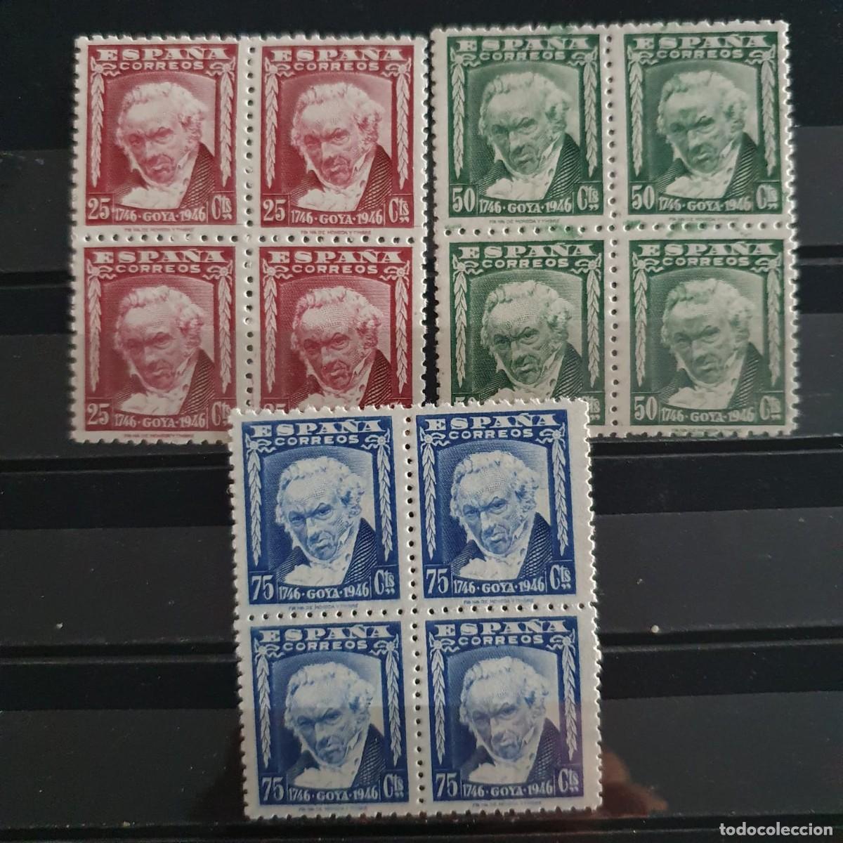 Sellos: SERIE COMPLETA EDIFIL 1005 ** A 1007 ** GOYA ESPA&Ntilde;A 1946 BLOQUES DE 4