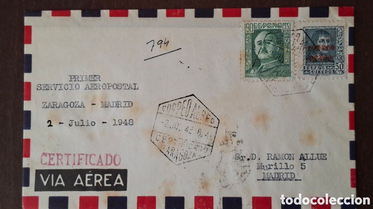 Sellos: Carta primer servicio Aeropostal zaragoza Madrid 1948