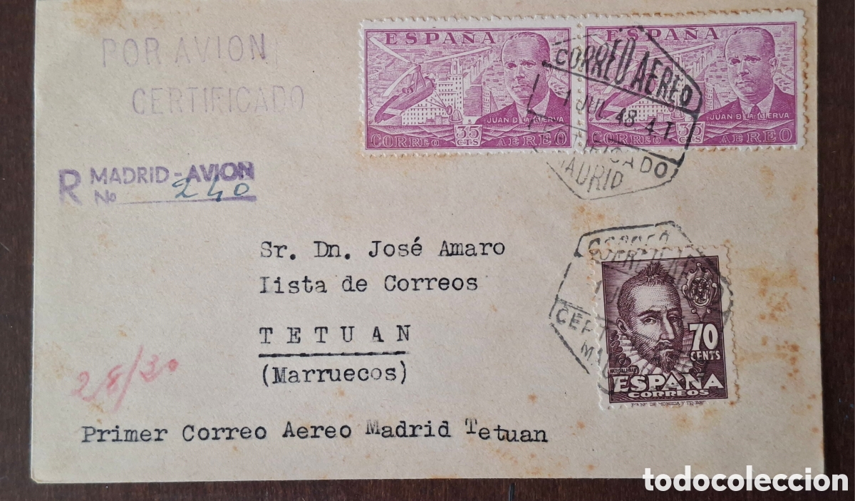 Sellos: Carta circulada Primer Correo aereo Madrid Tetuan marruecos 1948