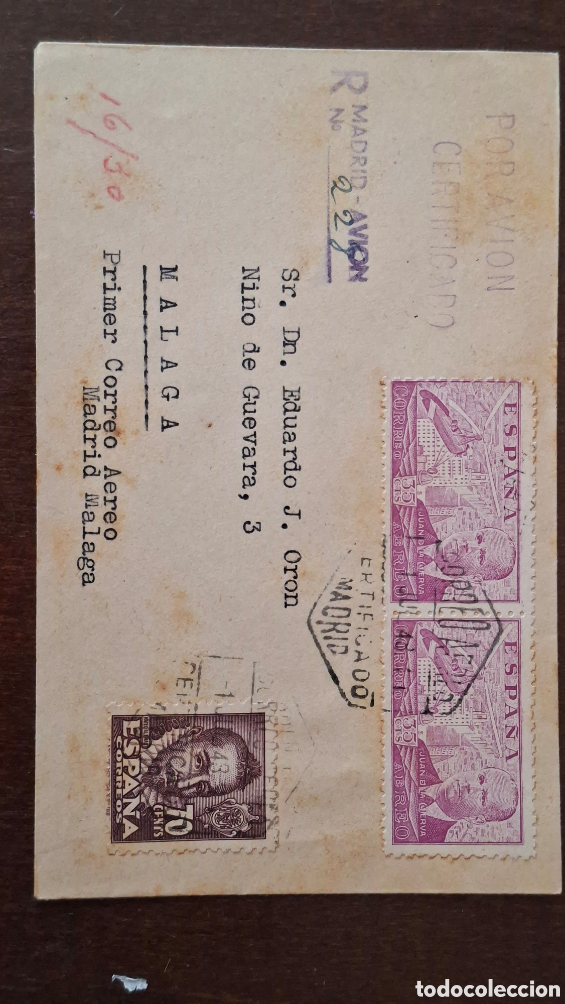 Sellos: Carts circulada Primer correo aereo madrid M&aacute;laga Por Avion 1948