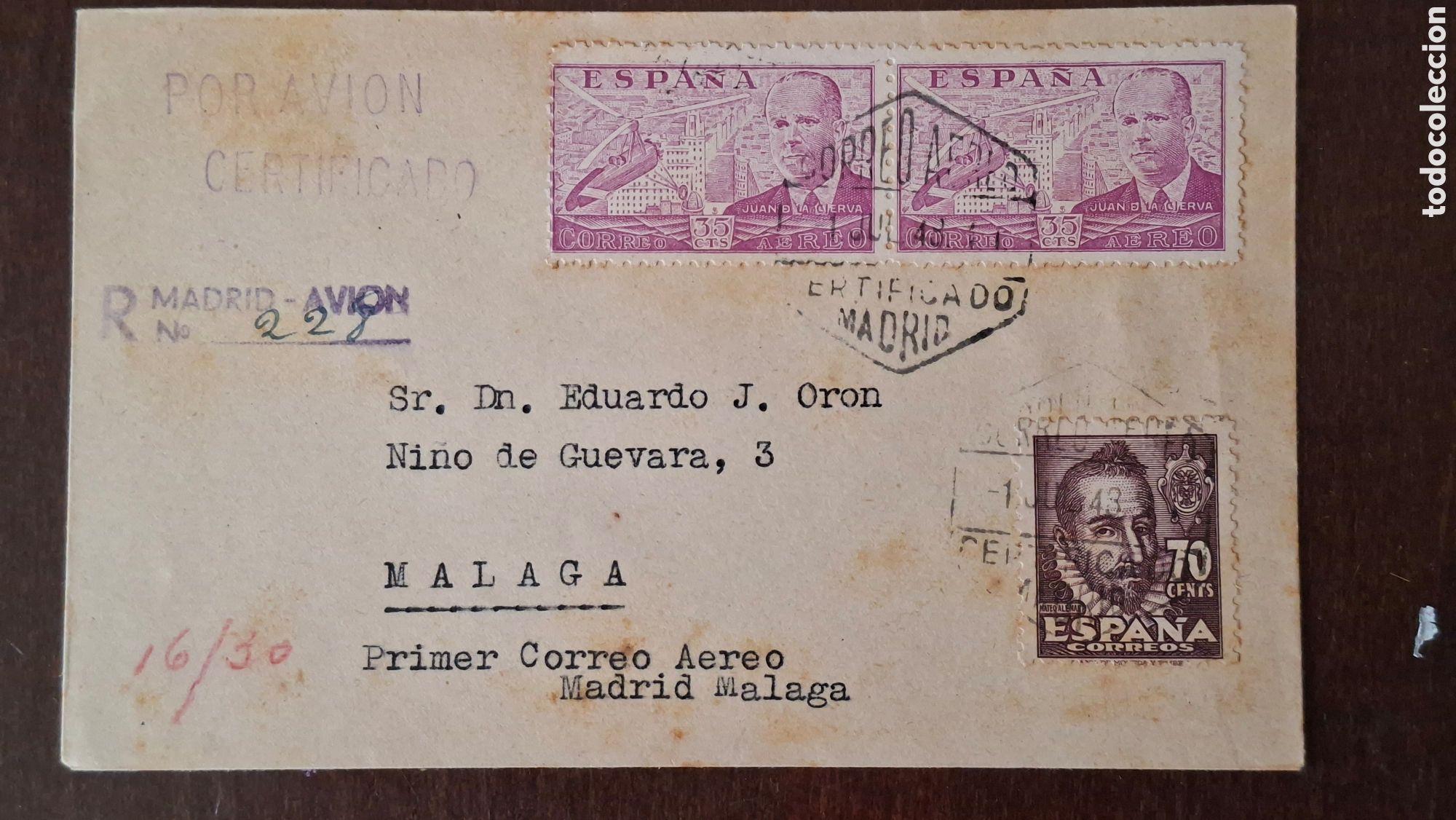 Sellos: Carta circulada Primer correo aereo madrid M&aacute;laga Por Avion 1948