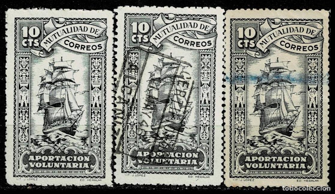 Sellos: B-MUTUALIDAD DE CORREOS Galvez n&ordm; 112 Valor 10 cts 3 ejemplares con Pie de imprenta Lit - J. Lopez E