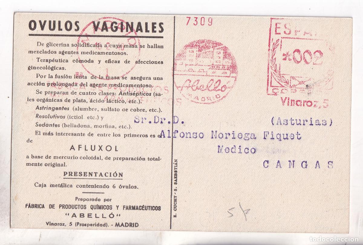 Sellos: POSTAL M&Eacute;DICA. PUBLICITARIA. FRANQUEO MEC&Aacute;NICO ABELL&Oacute;. 1946. MADRID A CANGAS DE ON&Iacute;S. ASTURIAS