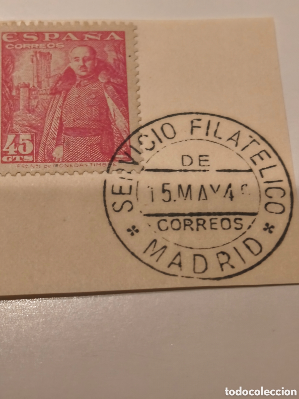 Sellos: Sello estado espa&ntilde;ol sobre fragmento con matasellos del servicio filat&eacute;lico de Madrid ver