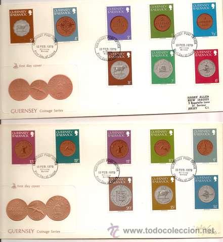 Sellos: DOS SOBRES PRIMER DIA GUERNSEY MONEDAS 1979 SERIE COMPLETA