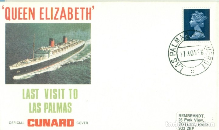 Sellos: LAS PALMAS. &Uacute;LTIMA VISITA BUQUE QUEEN ELIZABETH. 1968. SOBRE CON TARJETA.